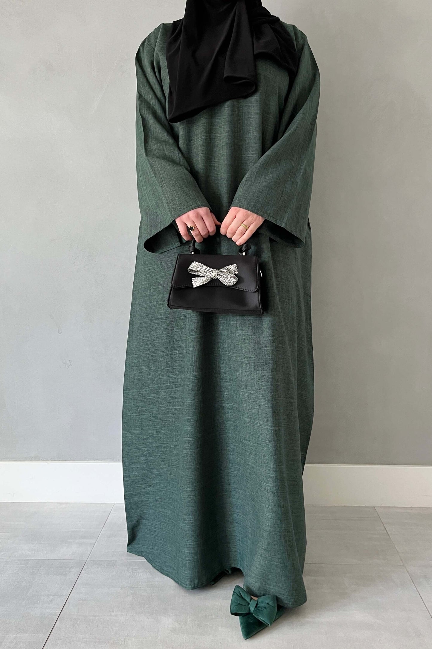Linnen closed sleeve abaya - Dark green